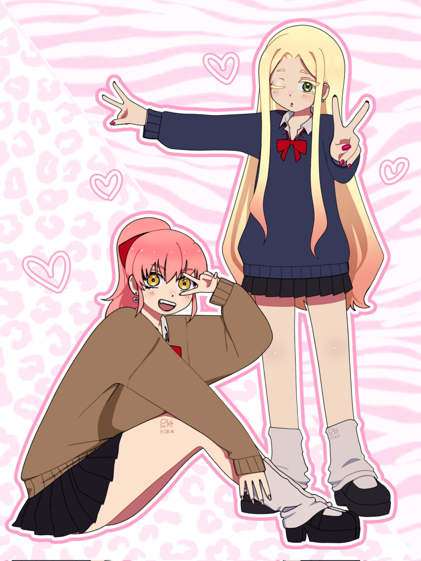 2girls, ankle_socks, black_shoes, block_heels, blonde_hair, blue_skirt, blue_sweater, brown_sweater