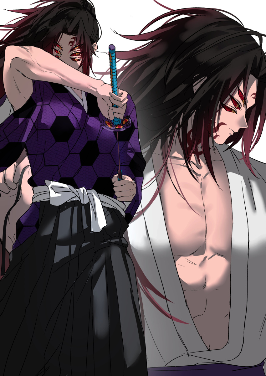 1boy, abs, absurdres, black_hair, black_hakama, closed_mouth, colored_sclera, cowboy_shot