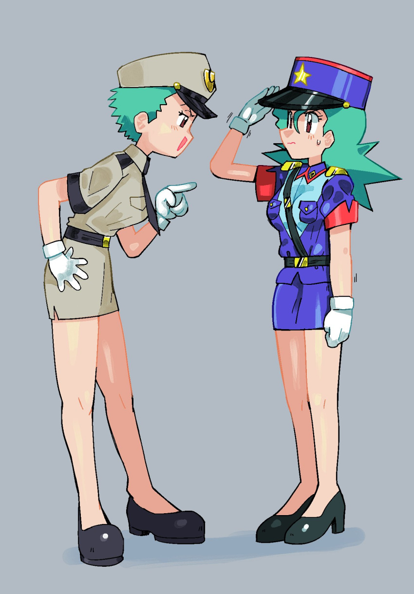 1her0, 2girls, belt, black_belt, black_necktie, black_shoes, blue_hat, brown_eyes