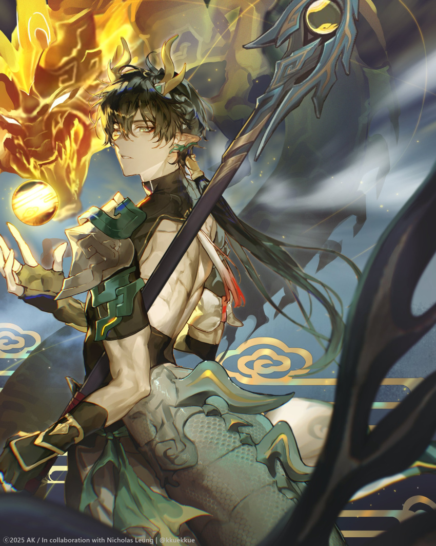 1boy, absurdres, armor, back_cutout, black_gloves, black_hair, black_shirt, blurry