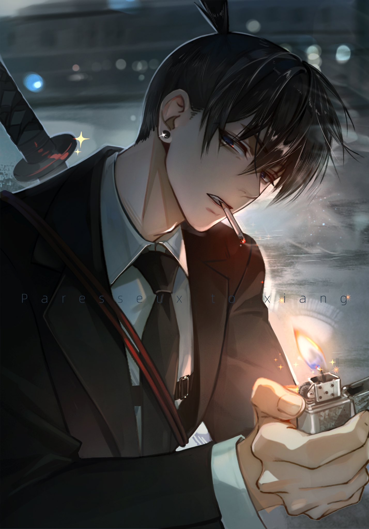 1boy, artist_name, black_hair, black_jacket, black_necktie, chainsaw_man, cigarette, collared_shirt, earrings, hayakawa_aki, highres, holding, holding_lighter, jacket, jewelry, lighter, looking_at_viewer, male_focus, mouth_hold, necktie, paresseux_0_0, shirt, short_hair, solo, suit_jacket, topknot, upper_body, weapon, weapon_on_back, white_shirt