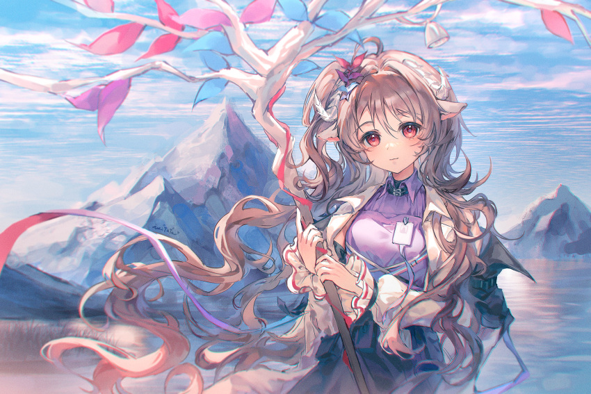 1girl, ahoge, animal_ears, arknights, black_skirt, blue_sky, breasts, brown_hair, clouds, collared_shirt, commentary_request, day, eyjafjalla_(arknights), eyjafjalla_the_hvit_aska_(arknights), hair_intakes, hands_up, highres, holding, holding_staff, horns, ichitata, jacket, long_hair, long_sleeves, looking_at_viewer, medium_breasts, mountain, open_clothes, open_jacket, outdoors, puffy_long_sleeves, puffy_sleeves, purple_shirt, red_eyes, sheep_ears, sheep_girl, sheep_horns, shirt, skirt, sky, sleeves_past_wrists, solo, staff, very_long_hair, water, white_jacket