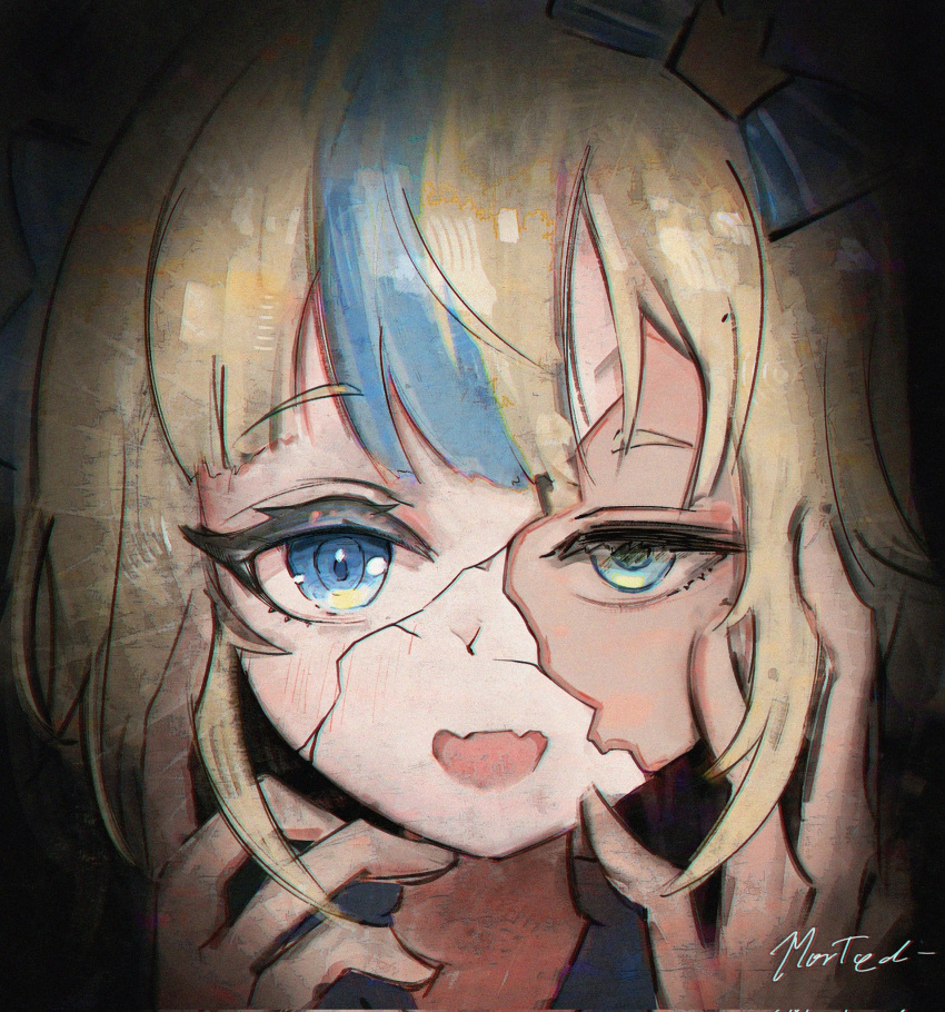 1girl, blonde_hair, blue_bow, blue_eyes, blue_streaks, blunt_bangs, bow, broken_mask