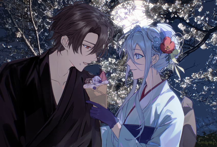 1boy, 1girl, 86_-eightysix-, alternate_costume, back_bow, black_gloves, black_kimono, blue_sash