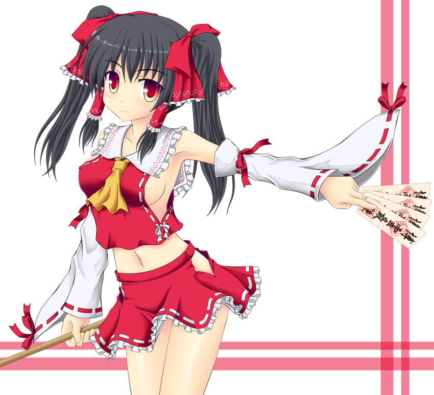 adapted_costume, alternate_hairstyle, bow, detached_sleeves, gohei, hair_bow, hakurei_reimu, highres
