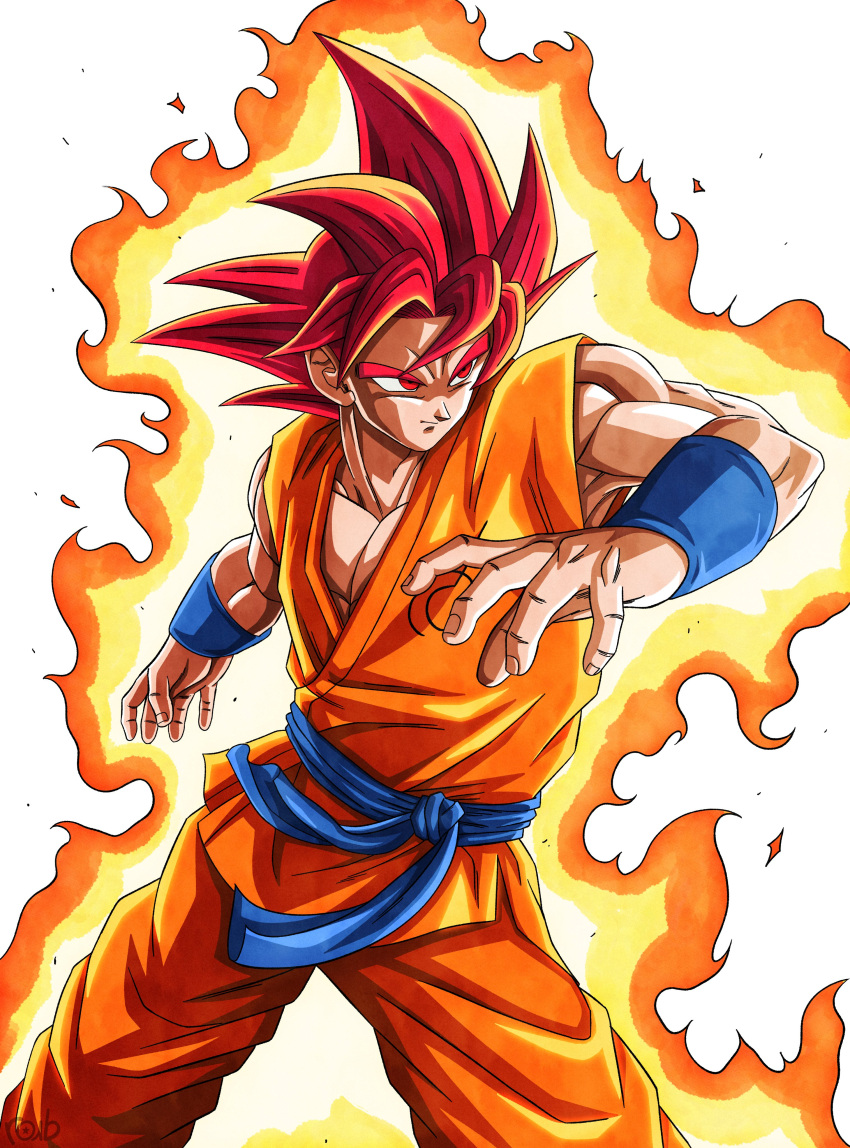 1boy, absurdres, aura, blue_sash, commentary, cowboy_shot, dragon_ball, dragon_ball_super