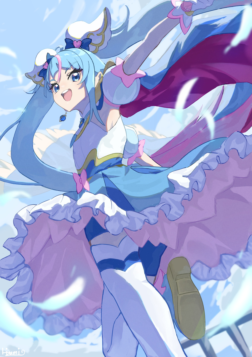 1girl, absurdres, ankle_boots, artist_name, bike_shorts, blue_boots, blue_cape, blue_dress, blue_eyes, blue_hair, blue_shorts, blue_sky, boots, bow, brooch, cape, clouds, cloudy_sky, commentary, cure_sky, cut_bangs, day, detached_sleeves, dress, dress_bow, earclip, earrings, frilled_dress, frills, fringe_trim, from_behind, gloves, gradient_hair, hair_ornament, highres, hirogaru_sky!_precure, jewelry, leg_up, long_hair, looking_at_viewer, looking_back, magical_girl, medium_dress, multicolored_hair, open_mouth, outdoors, pink_bow, pink_hair, precure, puffy_detached_sleeves, puffy_sleeves, red_cape, shorts, shorts_under_dress, signature, single_earring, single_sidelock, sky, sleeveless, sleeveless_dress, smile, solo, sora_harewataru, standing, standing_on_one_leg, streaked_hair, takahashi_hizumi, thigh-highs, twintails, two-sided_cape, two-sided_fabric, two-tone_dress, two-tone_hair, very_long_hair, white_dress, white_gloves, white_thighhighs, wing_brooch, wing_hair_ornament