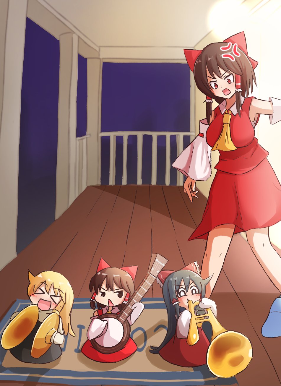 >_<, 4girls, :d, ai-generated_art_(topic), anger_vein, ascot, banjo, black_eyes, black_hair, blonde_hair, bow, brown_eyes, brown_hair, ccc_star5, commentary_request, cookie_(touhou), cymbals, detached_sleeves, frilled_bow, frilled_hair_tubes, frills, full_body, hair_bow, hair_tubes, hakurei_reimu, highres, holding, holding_instrument, holding_trumpet, hotaruda_(cookie), instrument, kirisame_marisa, long_hair, looking_at_another, mini_person, minigirl, multiple_girls, music, open_mouth, playing_instrument, porch, red_bow, red_eyes, red_shirt, red_skirt, reu_(cookie), ribbon-trimmed_sleeves, ribbon_trim, sakenomi_(cookie), shirt, short_hair, sidelocks, skirt, skirt_set, sleeveless, sleeveless_shirt, smile, touhou, trumpet, uzuki_(cookie), white_sleeves, xd, yellow_ascot