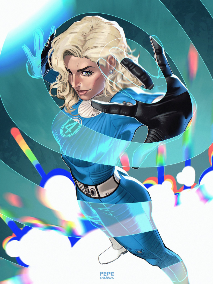 1girl, artist_name, black_gloves, blonde_hair, blue_bodysuit, blue_eyes, bodysuit, bone, boots, commentary, earrings, english_commentary, fantastic_four, gloves, green_eyes, highres, jewelry, linea_alba, looking_at_viewer, looking_up, marvel, marvel_rivals, medium_hair, multicolored_eyes, pepedraws, see-through_body, solo, stud_earrings, sue_storm, superhero_costume, the_fantastic_four:_first_steps, white_boots