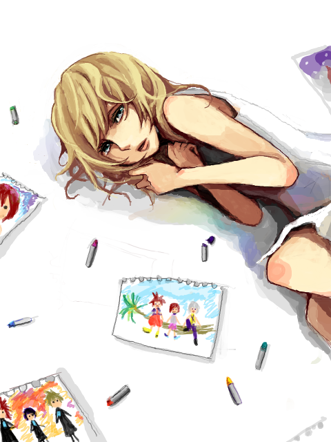 bad_id, blonde_hair, blue_eyes, crayon, drawing, kairi, kingdom_hearts, namine, riku, roxas, sdhh, sora_(kingdom_hearts), tegaki, xion_(kingdom_hearts)