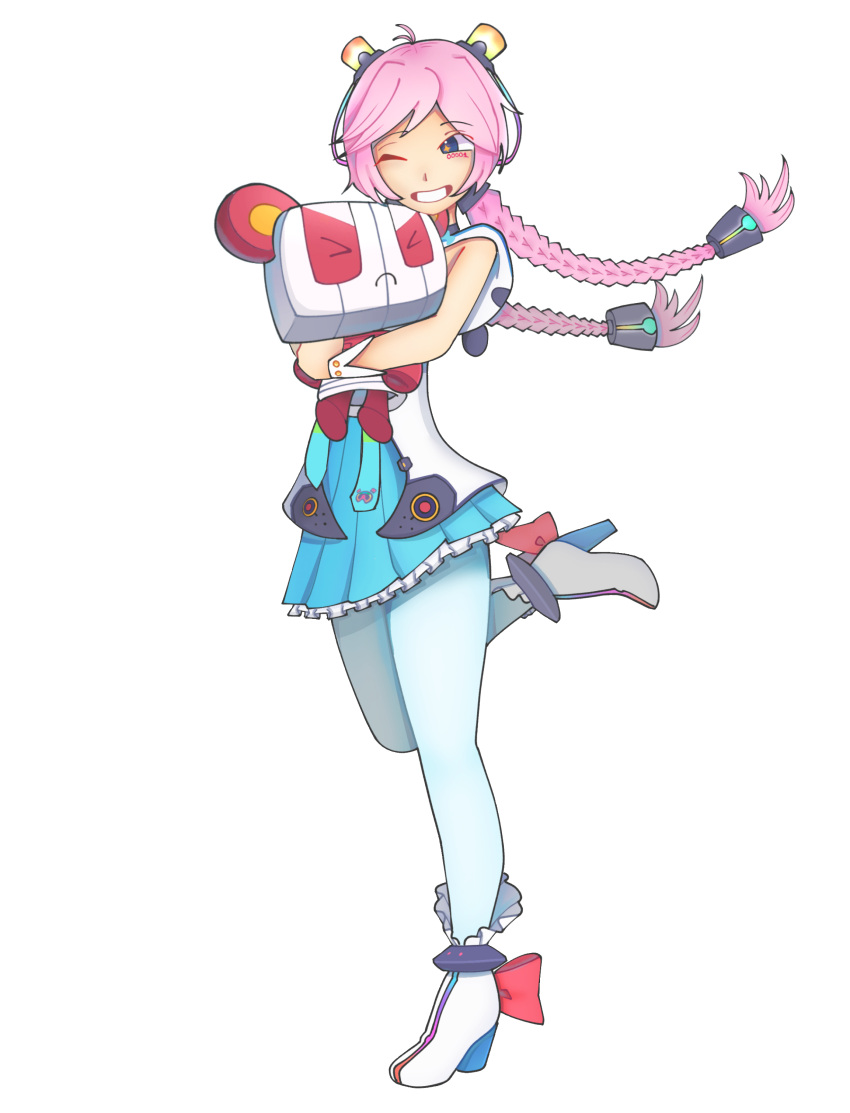 absurdres, animal_hood, animal_hug, blue_eyes, braid, c4tlvr01, highres, hood, hugging_object, morio_shishou, non-web_source, pantyhose, pink_hair, rainbow, rana_(vocaloid), standing, standing_on_one_leg, twin_braids, vocaloid, white_pantyhose