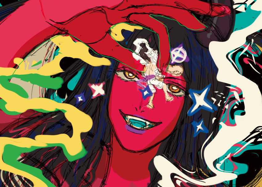 1boy, 1girl, alternate_form, black_hair, blunt_bangs, colored_skin, demonio_fleur, fangs