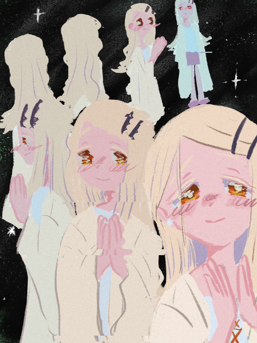 1girl, black_background, blonde_hair, blush, coat, colored_eyelashes, commentary_request, earrings