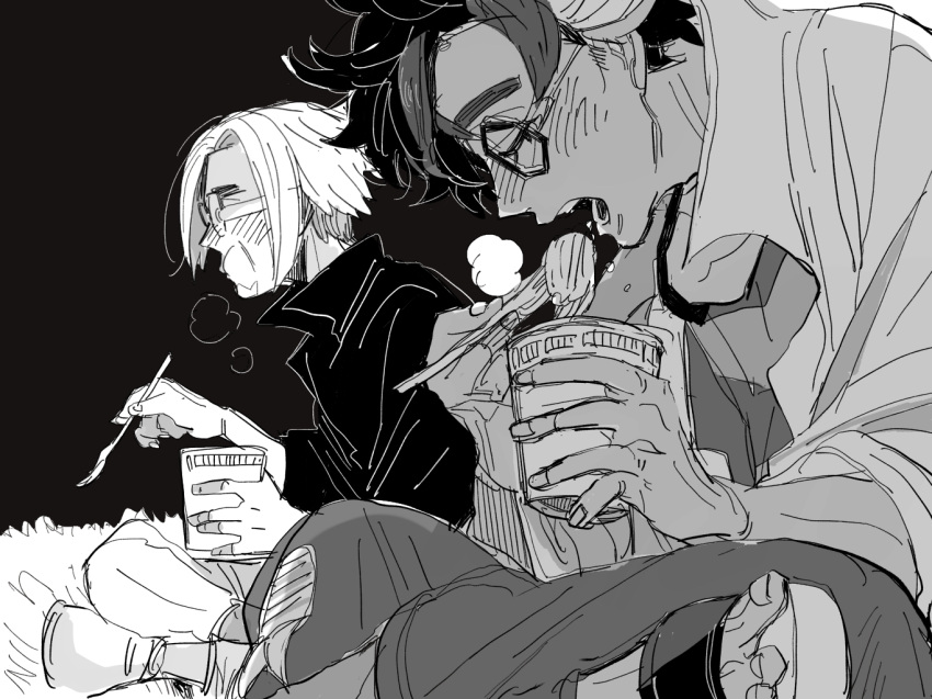 2boys, alternate_costume, clavell_(pokemon), closed_eyes, cup, disposable_cup, eating, glasses, greyscale, instant_cup_noodles, jacq_(pokemon), male_focus, monochrome, multiple_boys, open_mouth, pokemon, pokemon_sv, ram93820929, sandals, sitting, sketch