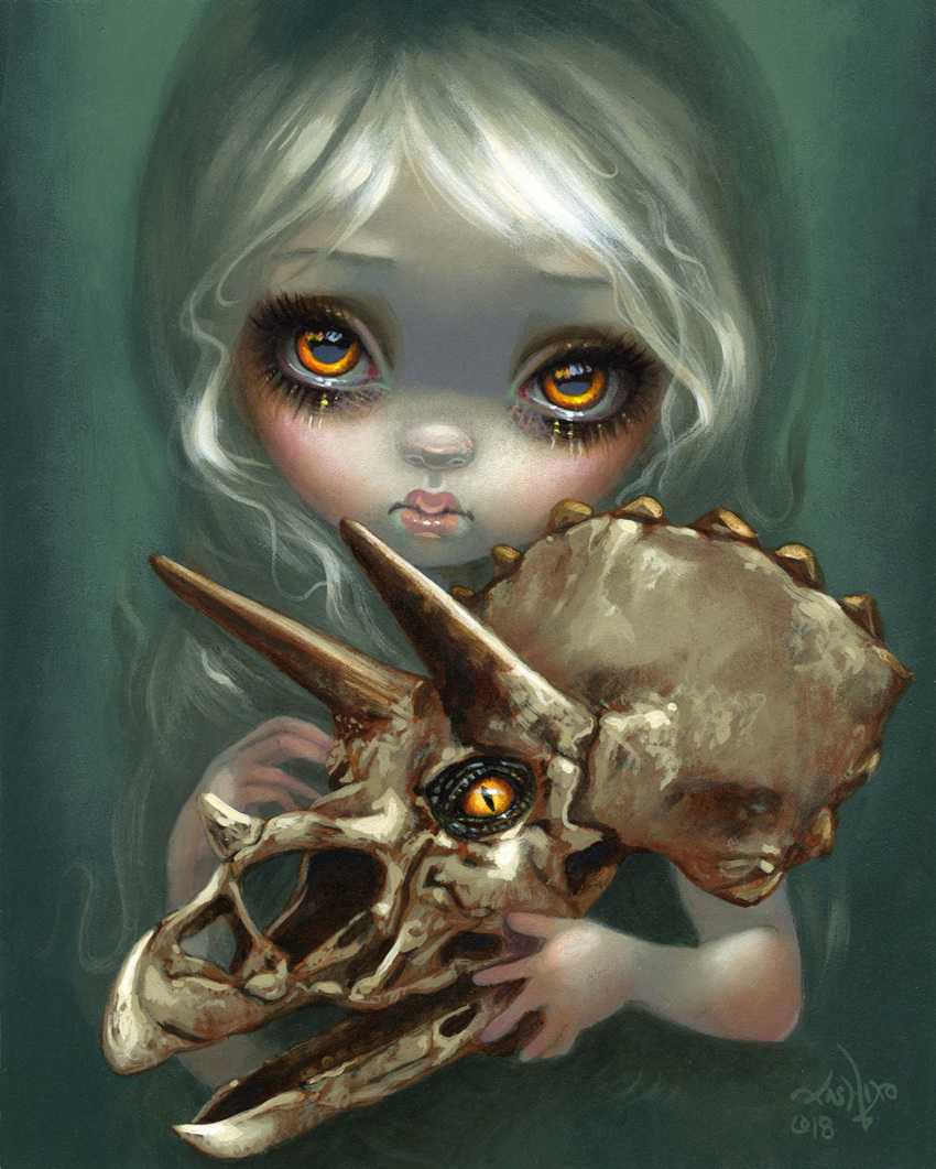 1girl, blonde_hair, closed_mouth, eyelashes, highres, holding, holding_skull, jasmine_becket-griffith, lips, long_hair, looking_at_viewer, makeup, orange_eyes, original, painting_(medium), pale_skin, philtrum, portrait, round_nose, skull, solo, traditional_media, triceratops
