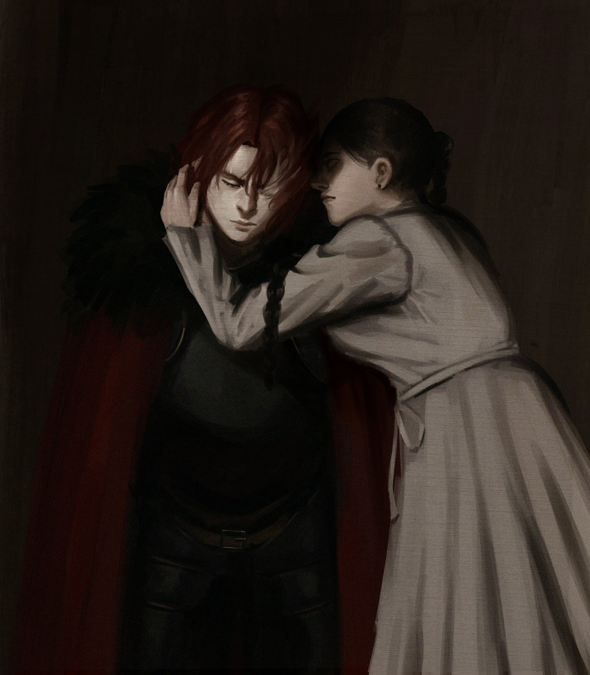 1boy, 1girl, auro_of_the_nine, belt, black_hair, black_shirt, character_request, cloak