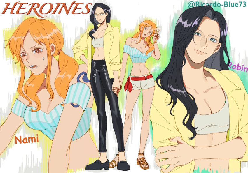 2girls, arm_tattoo, black_hair, black_pants, black_shoes, blue_eyes, bra, character_name