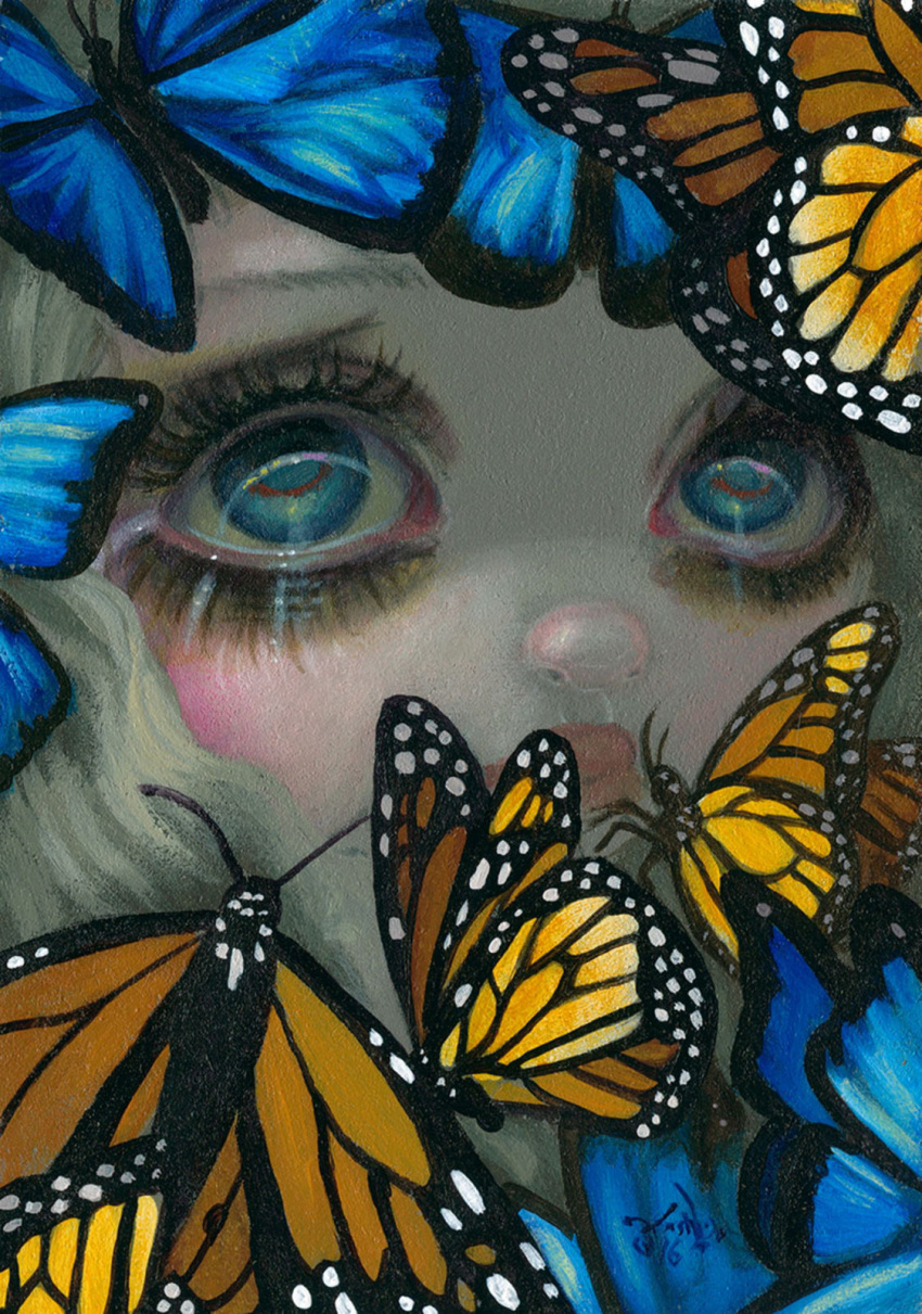 1girl, blonde_hair, blue_eyes, blush, bug, butterfly, close-up, commentary