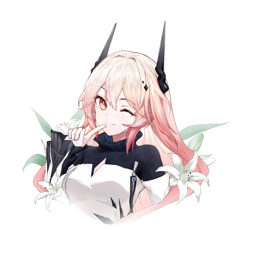 1girl, arknights, black_horns, closed_mouth, collared_dress, cropped_torso, double-parted_bangs, dress, flower, gmg_(jiang35562897), hair_between_eyes, hair_intakes, hand_up, highres, horns, index_finger_raised, long_hair, long_sleeves, looking_at_viewer, material_growth, one_eye_closed, oripathy_lesion_(arknights), pink_eyes, pink_hair, simple_background, sleeves_past_wrists, smile, solo, theresa_(arknights), white_background, white_dress, white_flower