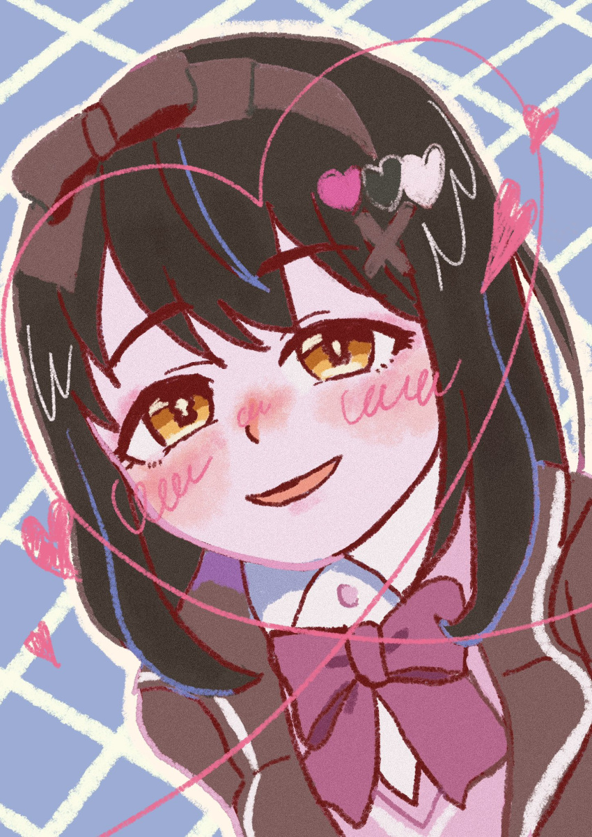 blazer, blue_background, blush, bow, bow_hairband, bowtie, brown_hair, brown_hairband