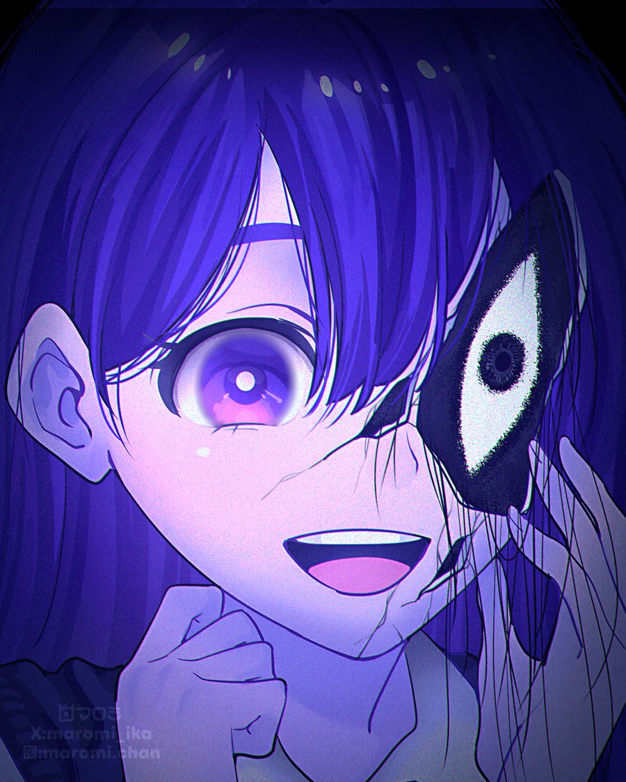 1girl, arms_up, black_background, blue_hair, broken_mask, cracked_kawaii_mask, cracked_mask, eyelashes