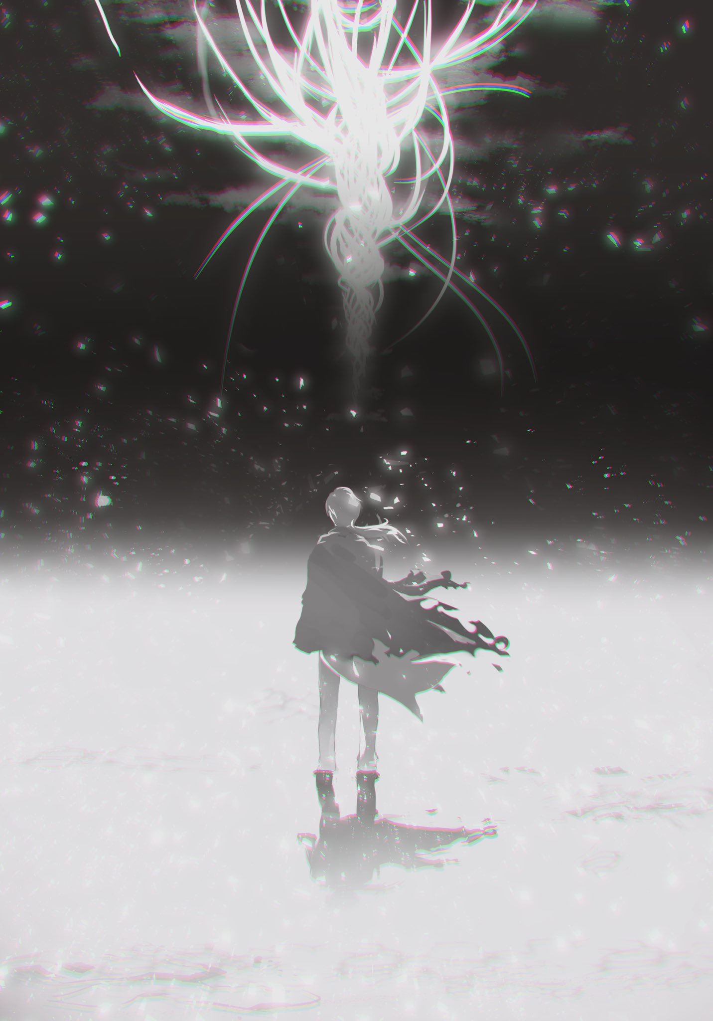 1boy, chaldea_no_mono, cloak, clouds, crystal_shards, facing_ahead, fantasy_tree_(fate), fate/grand_order