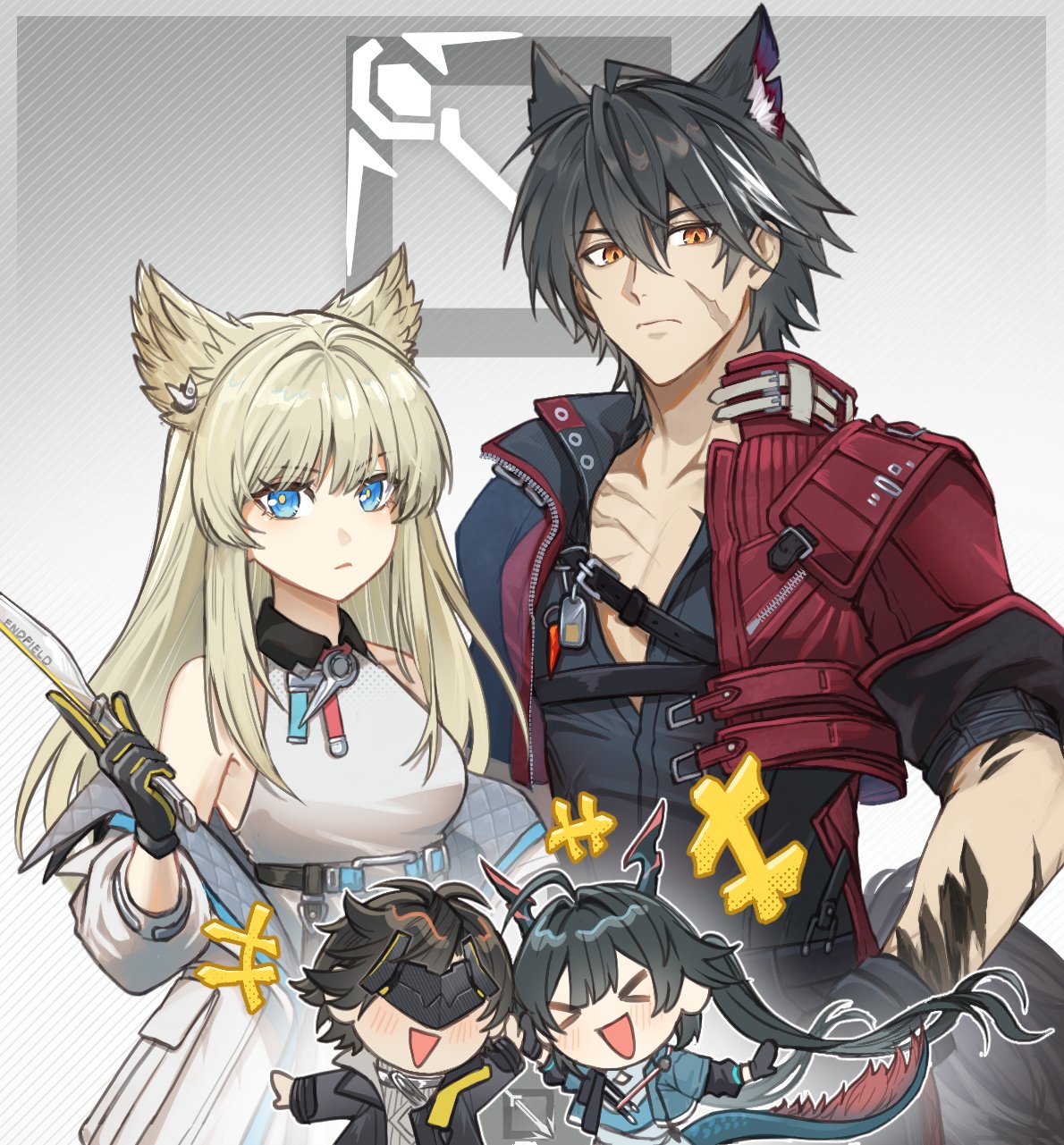 >_<, 2boys, 2girls, animal_ear_fluff, animal_ears, arknights, arknights:_endfield, bare_shoulders