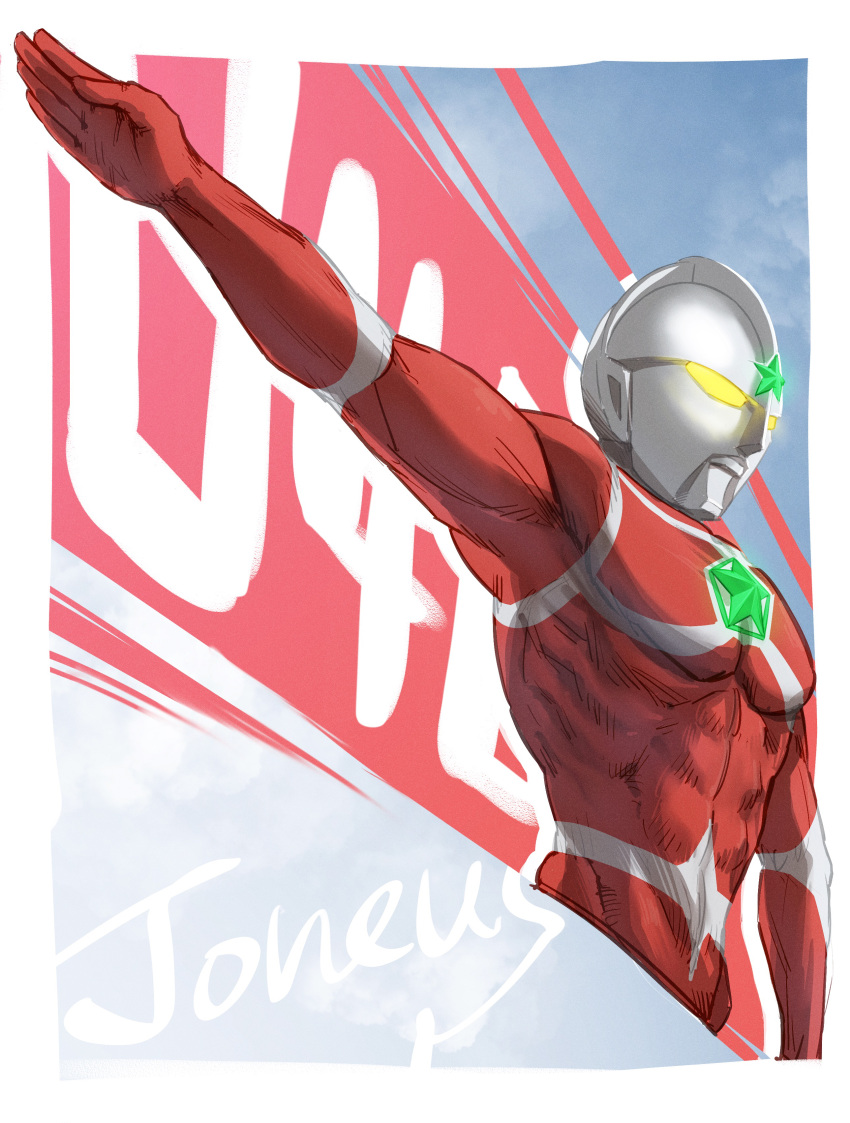 1boy, abs, absurdres, alien, blue_sky, border, character_name, clouds