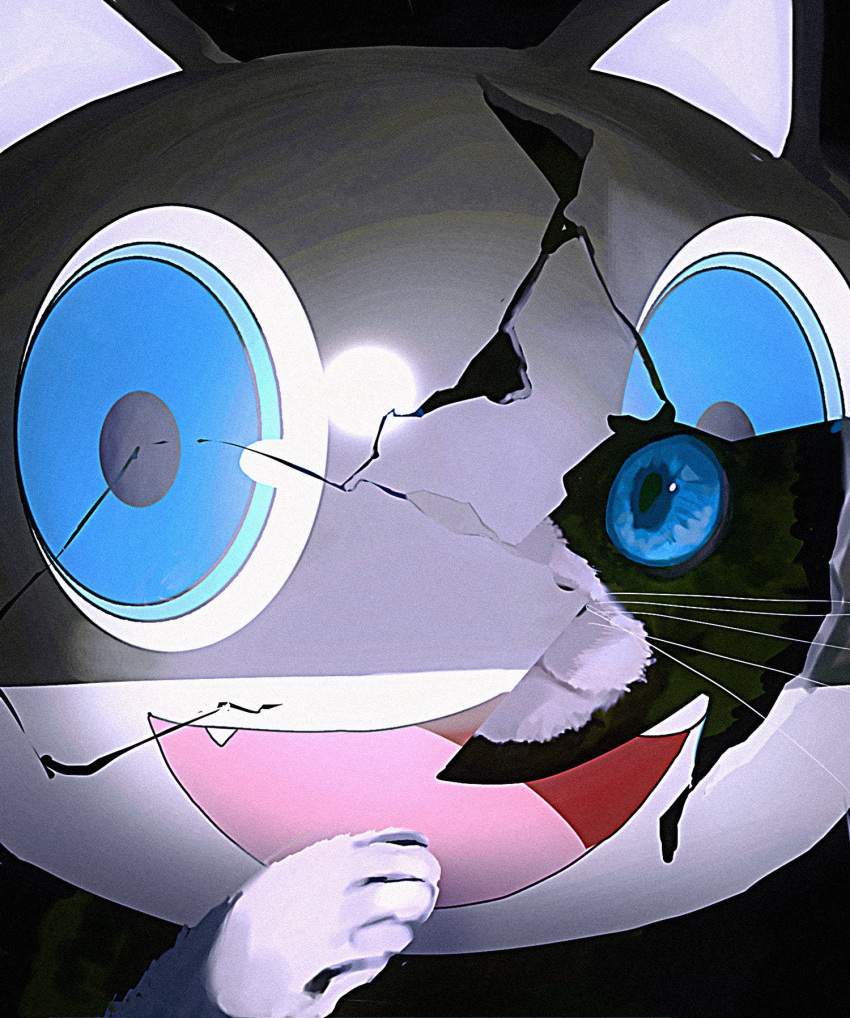 animal, animal_focus, blue_eyes, cat, commentary_request, cracked_kawaii_mask, cracked_mask, fang, highres, korean_commentary, mask, morgana_(cat)_(persona_5), morgana_(persona_5), open_mouth, persona, persona_5, portrait, sg_(sallgam), smile, tongue