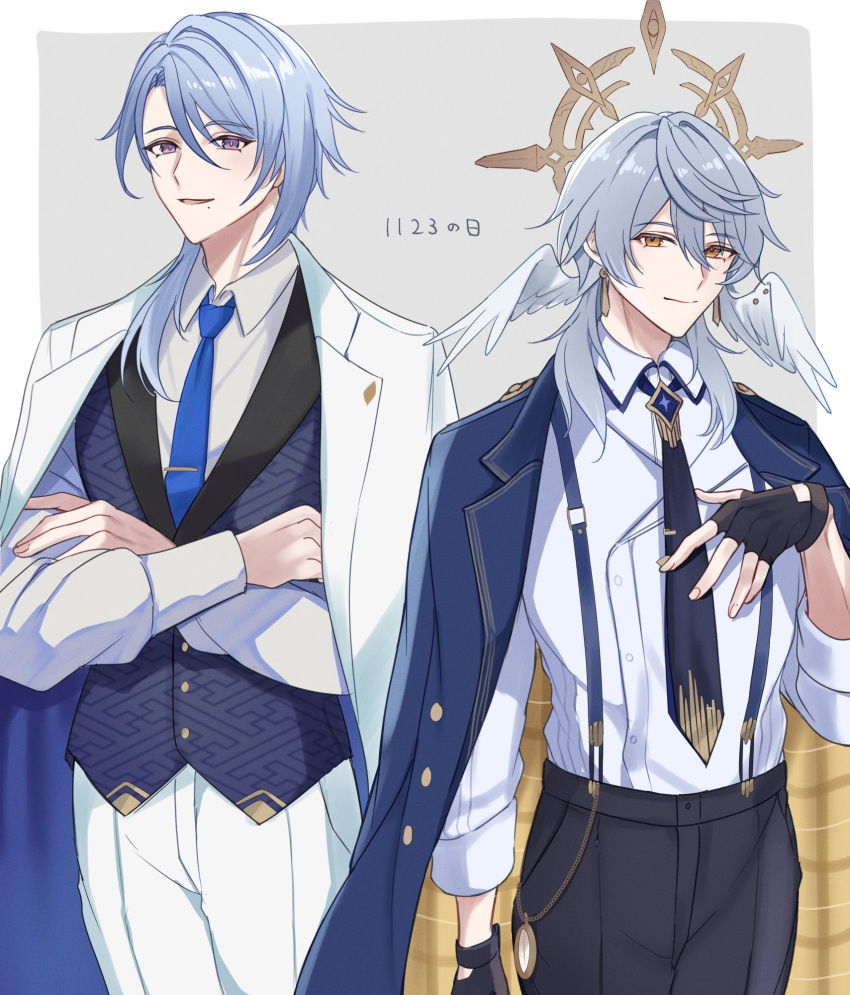 2boys, alternate_costume, arm_at_side, asymmetrical_hair, black_gloves, black_necktie, black_pants, blue_hair