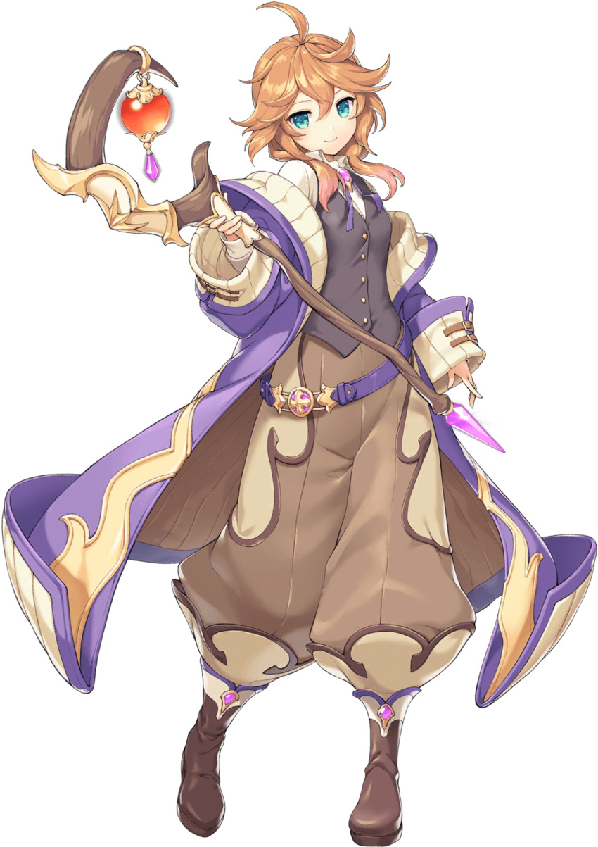 1girl, artist_request, belt, boots, breasts, buttons, cross, full_body, game_cg, green_eyes, hair_over_shoulder, highres, hohenheim_(legend_clover), holding, holding_staff, legend_clover, light_smile, long_sleeves, official_alternate_costume, official_art, orange_hair, puffy_pants, short_hair, small_breasts, solo, staff, third-party_source, transparent_background