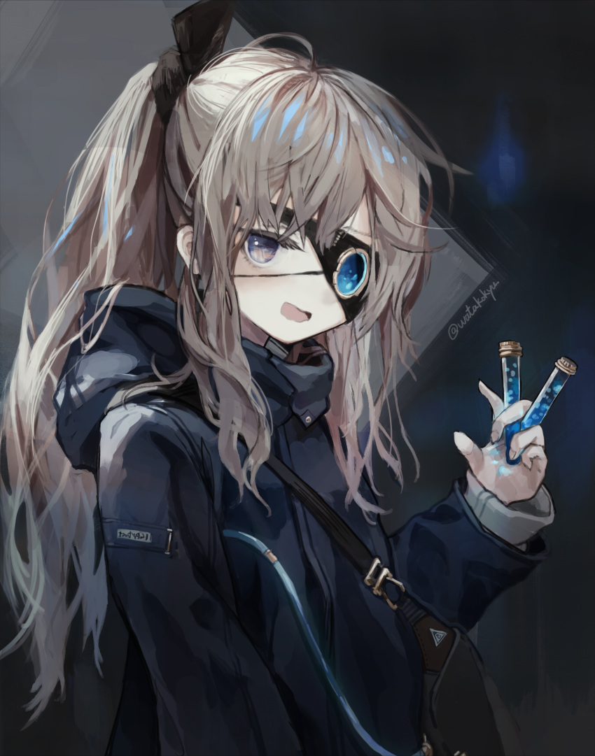 1girl, absurdres, artificial_eye, bag, between_fingers, black_jacket, blue_eyes, blue_liquid, brown_hair, entrojessie_monica, eyepatch, grey_eyes, grey_hair, hair_up, high_ponytail, highres, holding, holding_vial, hood, hood_down, hooded_jacket, jacket, long_hair, long_sleeves, looking_at_viewer, mechanical_eye, open_mouth, original, ponytail, shoulder_bag, sidelocks, single_mechanical_eye, smile, solo, tube, twitter_username, upper_body, very_long_hair, vial, violet_eyes, watakokyu