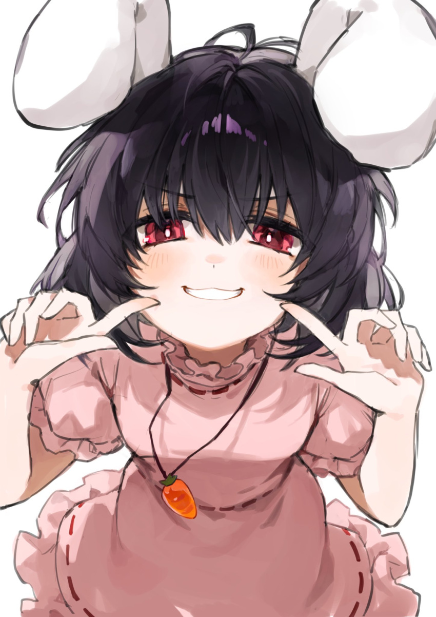 1girl, animal_ears, black_hair, bright_pupils, carrot_necklace, cowboy_shot, dress, floppy_ears
