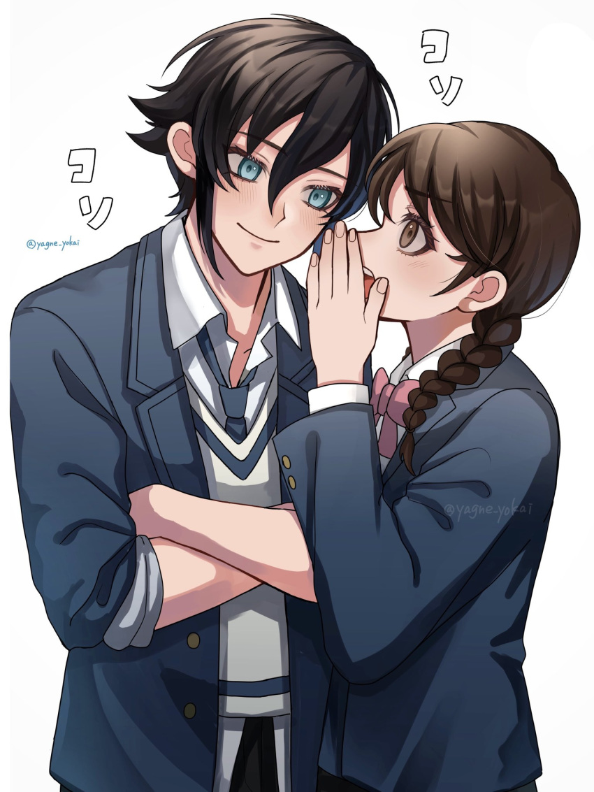 1boy, 1girl, amano_natsume, artist_name, blue_eyes, blue_jacket, blue_necktie, bow