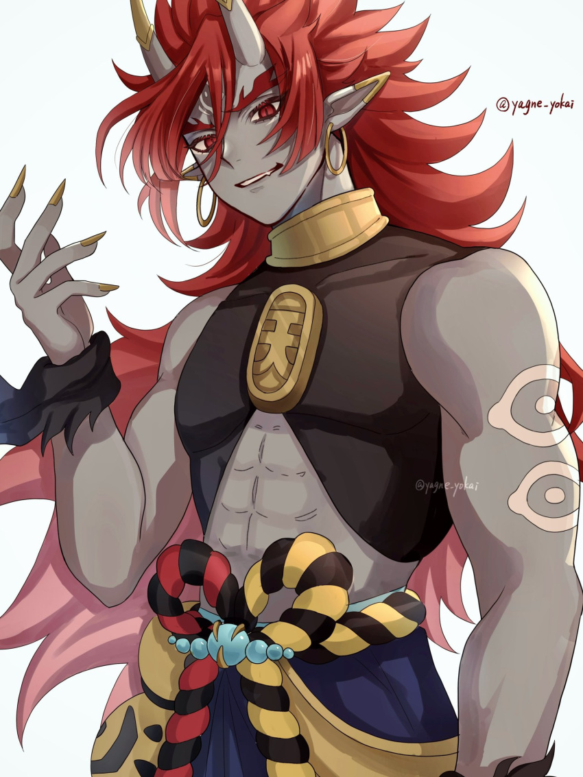 1boy, abs, artist_name, bare_arms, black_shirt, blush, broad_shoulders, colored_skin