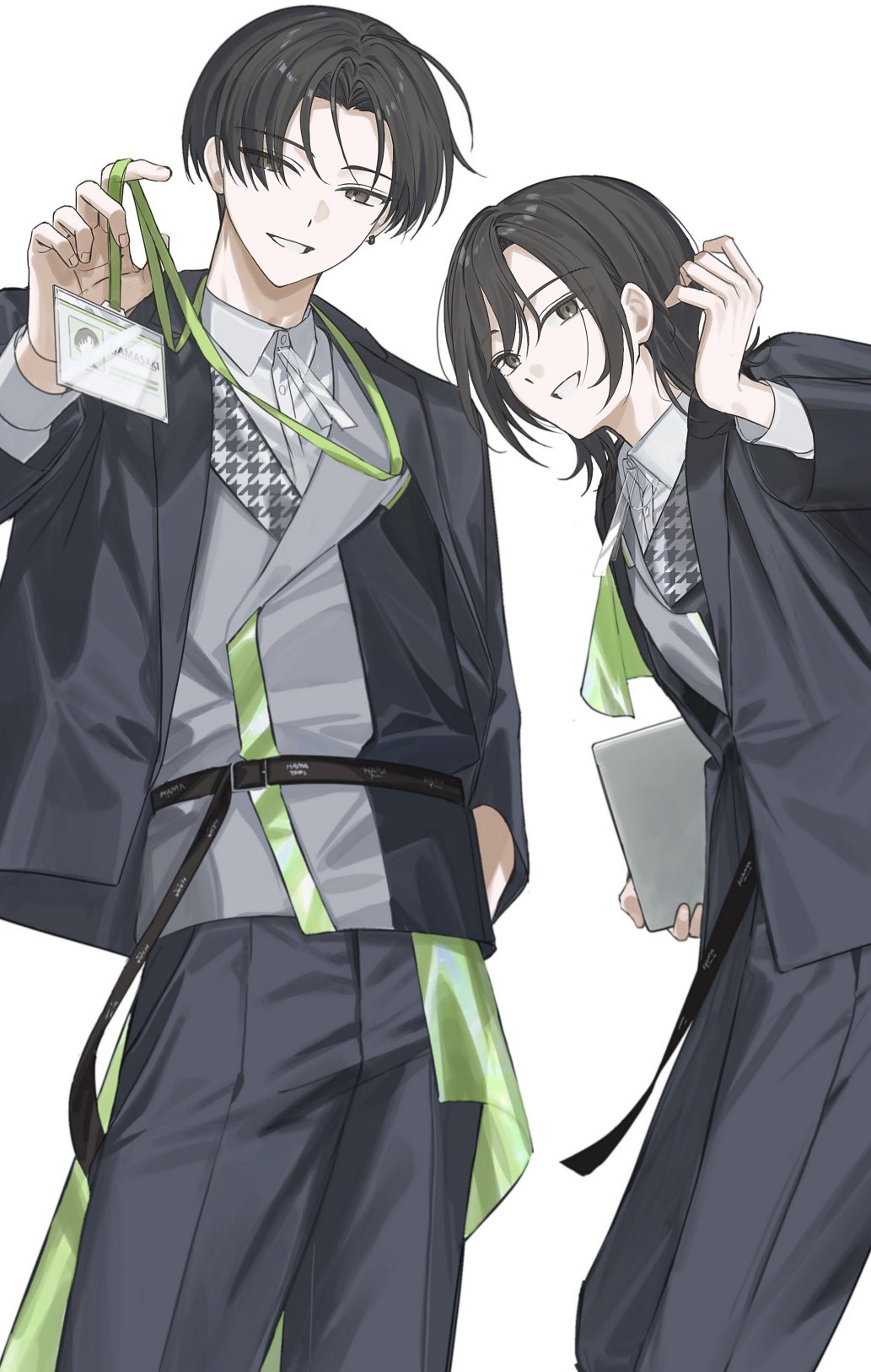 18trip, 1boy, 1girl, 22kolink, belt, black_belt, black_eyes, black_hair