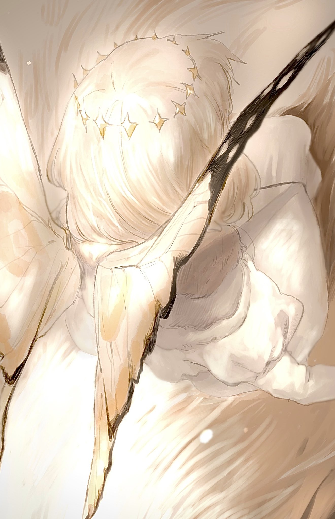 1boy, azi_pra, butterfly_wings, circlet, commentary_request, fate/grand_order, fate_(series), from_above, highres, insect_wings, juliet_sleeves, long_sleeves, looking_ahead, male_focus, monochrome, oberon_(fate), oberon_(second_ascension)_(fate), puffy_sleeves, robe, short_hair, solo, white_robe, wings