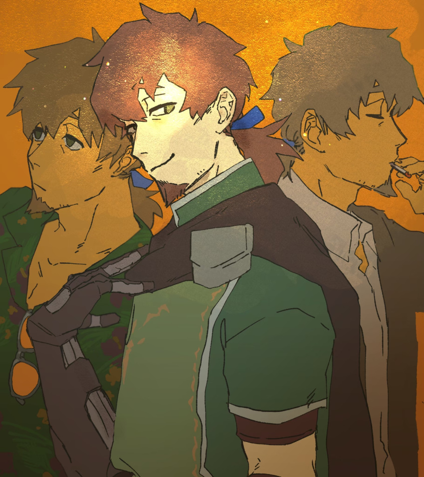 1boy, azi_pra, black_jacket, blue_ribbon, brown_eyes, brown_hair, cheekbones, cigarette