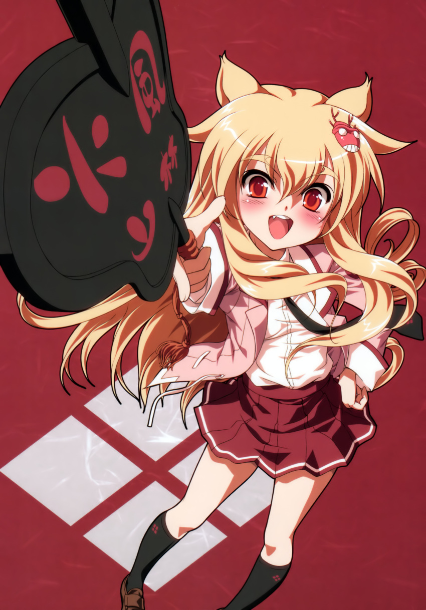 absurdres, animal_ears, black_legwear, blonde_hair, blush, cat_ears, fang, footwear