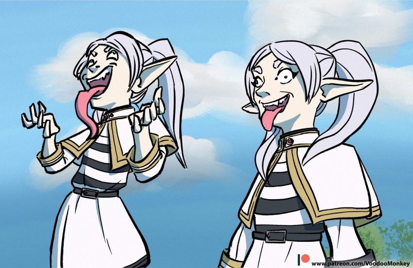 blank_stare, blue_sky, elf, frieren, grey_hair, hands_up, highres, laughing, pale_skin, pointy_ears, sharp_teeth, sky, sousou_no_frieren, teeth, tongue, tongue_out, voodoo_monkey