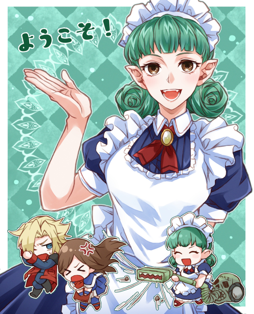 >_<, 1boy, 2girls, amulet, anger_vein, angry, apron, blonde_hair