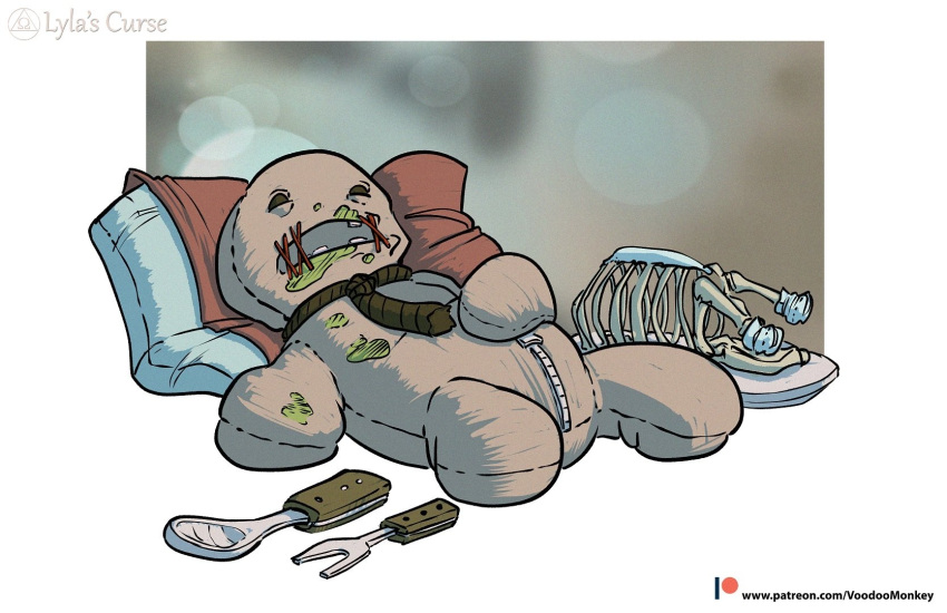 bone, commentary, dead_animal, eating, english_commentary, fainted, full_body, highres