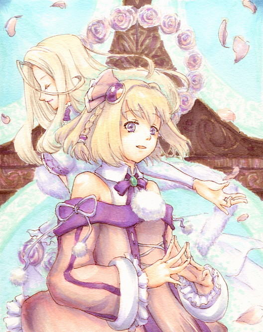 ar_tonelico_iii, blonde_hair, closed_eyes, eyes_closed, flower, gust, long_hair, mame_yuduru