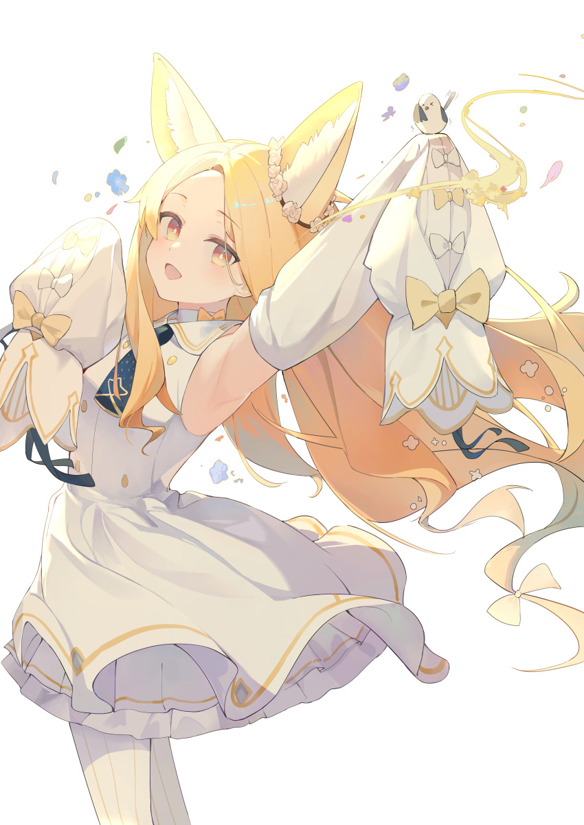 1girl, :d, absurdres, animal_ear_fluff, animal_ears, arm_up, armpits, bird