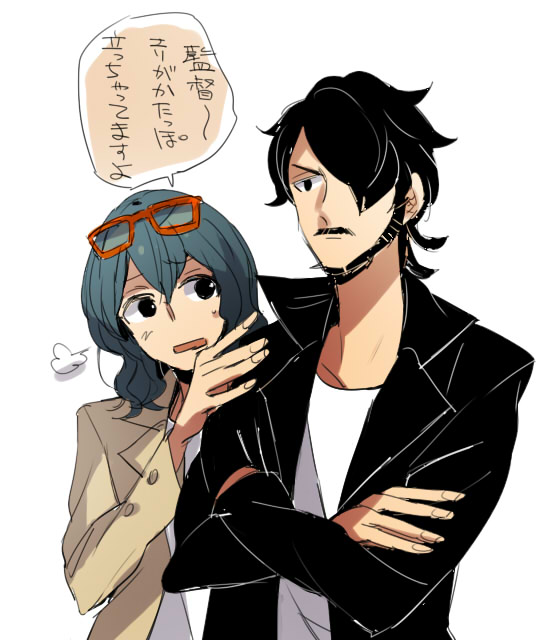 1girl, bad_id, beard, black_eyes, black_hair, crossed_arms, facial_hair, glasses