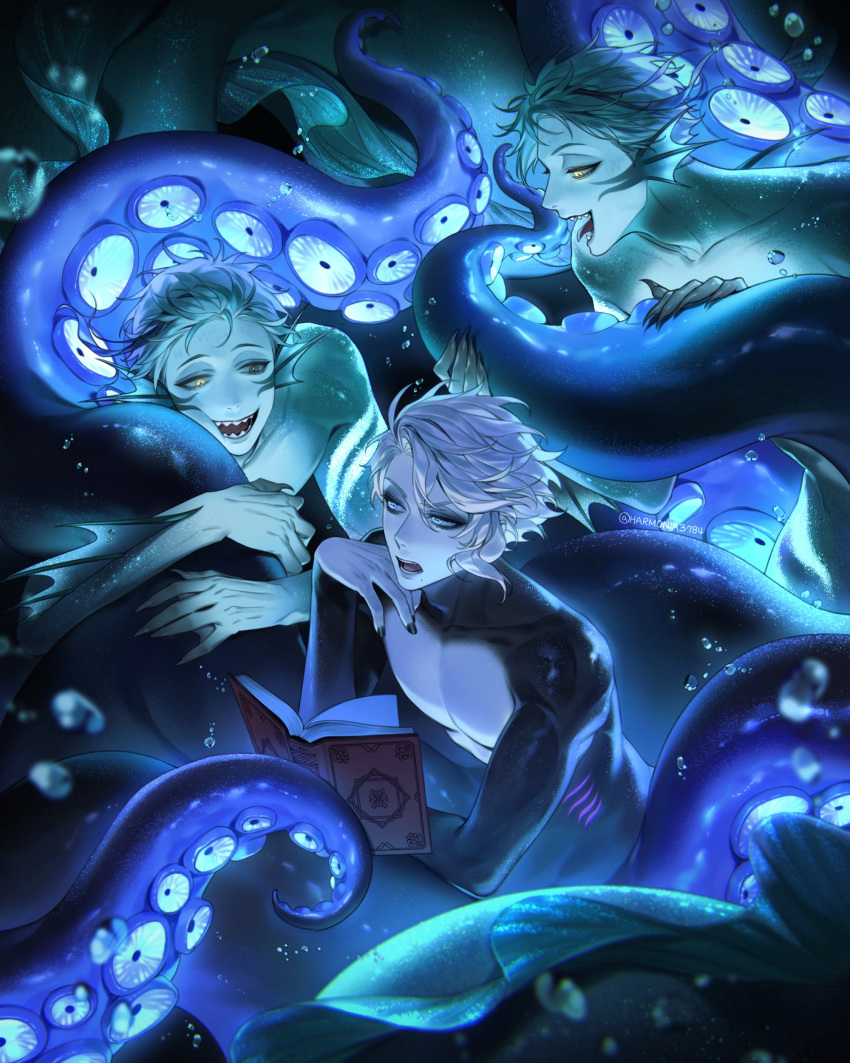 3boys, absurdres, air_bubble, amandasu, animal_ears, azul_ashengrotto, azul_ashengrotto_(octopus), black_nails, book, bubble, colored_skin, fingernails, fins, floyd_leech, floyd_leech_(eel), green_hair, green_skin, hand_on_own_chin, head_fins, highres, holding, holding_book, hug, jade_leech, jade_leech_(eel), multiple_boys, open_book, sharp_fingernails, sharp_teeth, teeth, tentacles, tongue, tongue_out, twisted_wonderland, underwater, white_hair, white_skin