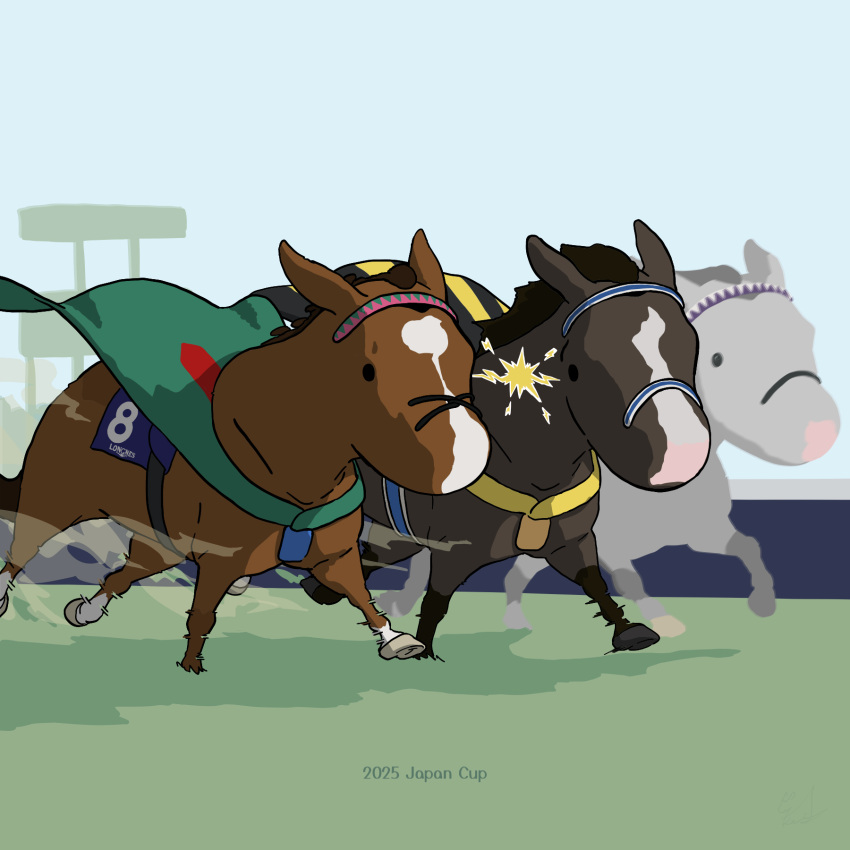 2025, admire_terra_(racehorse), animal_ears, blurry, blurry_background, calandagan_(racehorse), cape, character_request
