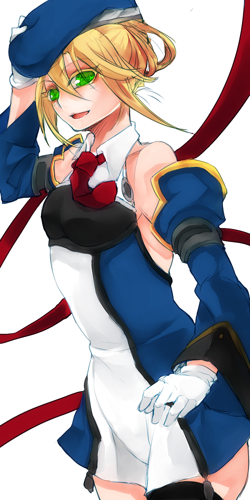 bare_shoulders, blazblue, blonde_hair, green_eyes, happy, hat, necktie, noel_vermillion