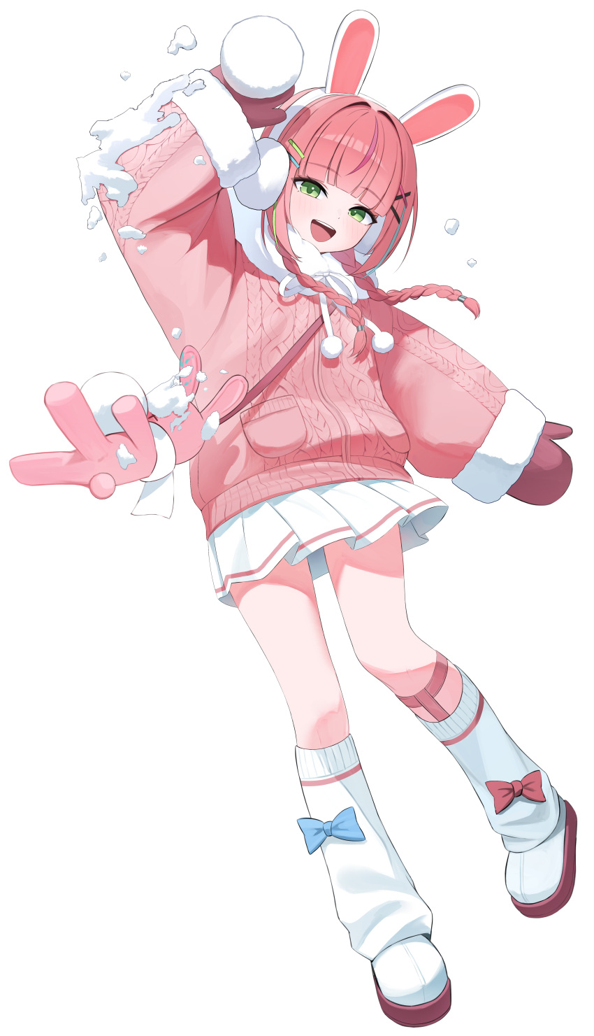 1girl, absurdres, animal_ear_hairband, animal_ears, aran_sweater, blunt_bangs, bow_legwear, braid, cable_knit, commentary, earmuffs, fake_animal_ears, full_body, fur-trimmed_sleeves, fur_hood, fur_trim, green_eyes, hair_intakes, hair_ornament, hair_over_shoulder, hairband, hairclip, hanako_nana, highres, holding, holding_snowball, hood, hood_down, hooded_sweater, leg_warmers, long_hair, long_sleeves, looking_at_viewer, miniskirt, mittens, multicolored_hair, open_mouth, parallel_hairclips, peto_(hanako_nana), pink_hair, pink_sweater, pleated_skirt, pom_pom_(clothes), rabbit, rabbit_ear_hairband, rabbit_ears, shoes, simple_background, skirt, smile, snow, snowball, solo, standing, stellive, streaked_hair, sweater, twin_braids, virtual_youtuber, white_background, white_hairband, white_leg_warmers, white_shoes, white_skirt, x_hair_ornament, yireh