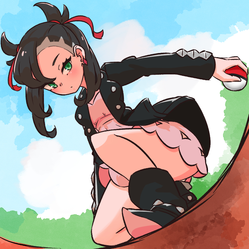 1girl, asymmetrical_bangs, black_hair, black_jacket, blue_sky, closed_mouth, clouds, commentary_request, day, dress, emfldzm159, green_eyes, hair_ribbon, holding, holding_poke_ball, jacket, korean_commentary, looking_at_viewer, marnie_(pokemon), on_one_knee, outdoors, pink_dress, poke_ball, poke_ball_(basic), pokemon, pokemon_swsh, red_ribbon, ribbon, sky, solo, thighs, twintails